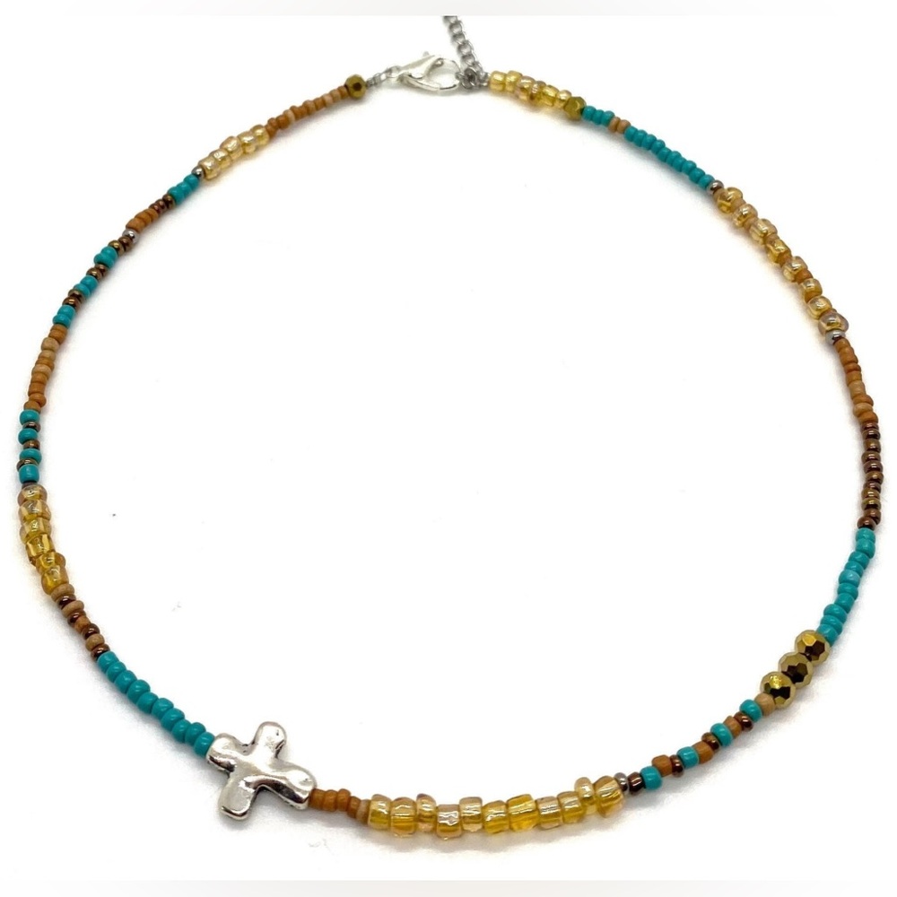 Blue Beaded Necklace Silver Cross Boho Y2K Fall Festival Southwestern Eclectic - Picture 4 of 8
